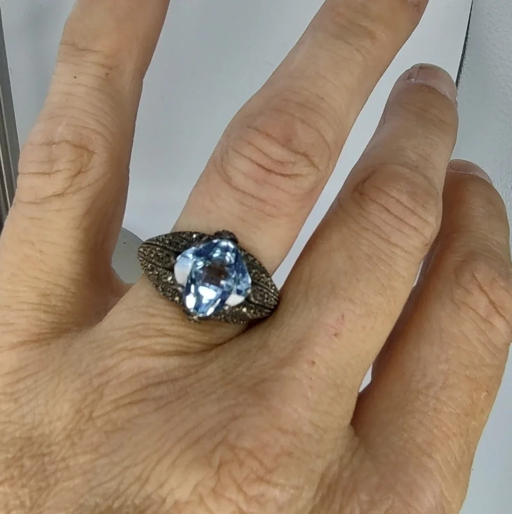 Judith Jack Ring Sterling Silver Marcasite Blue Topaz Size 7 3/4